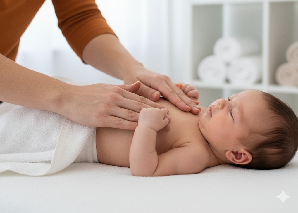Vauva saa lempeää hierontaa sängyllä, hierojan kädet kevyesti hänen rinnallaan.