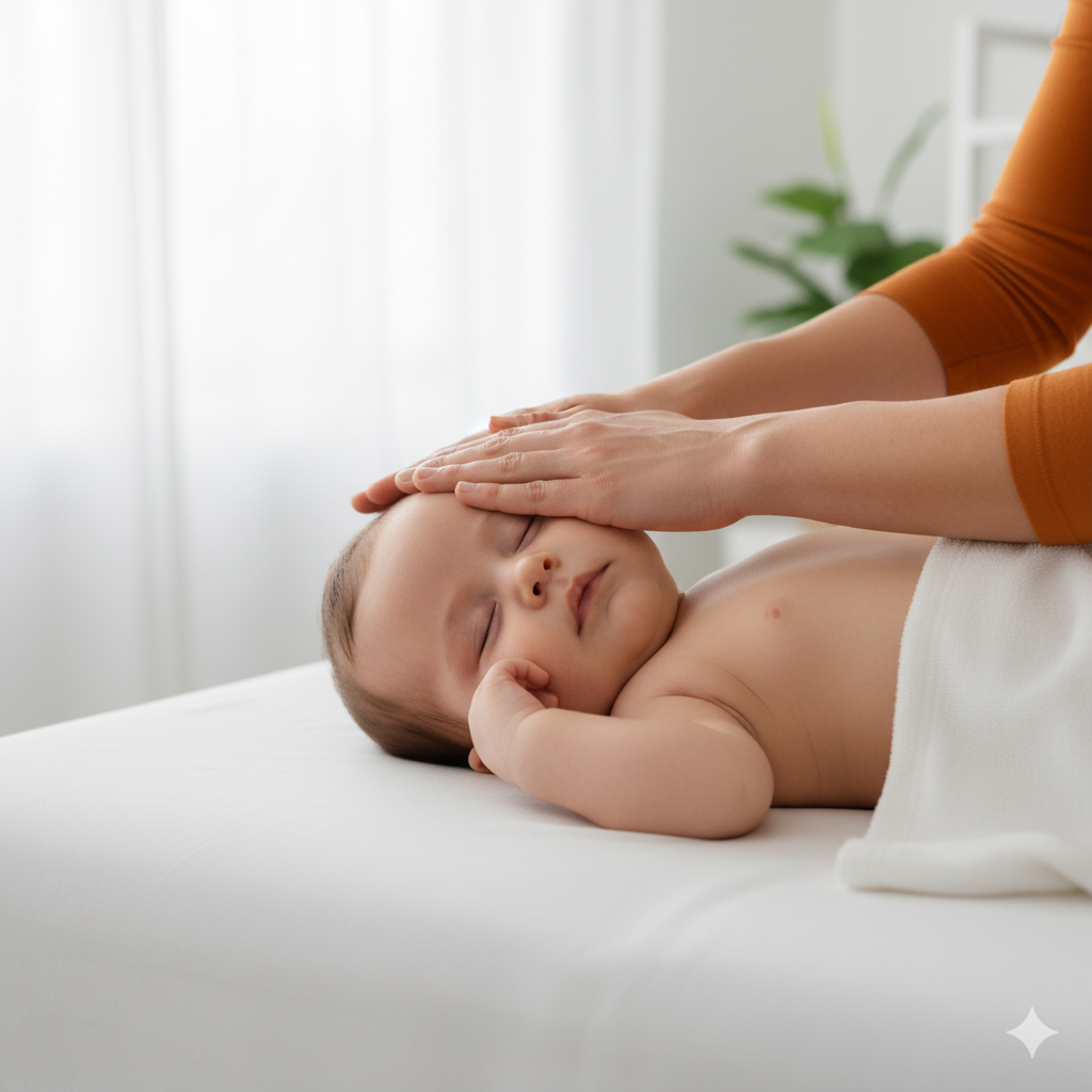 Vauva, joka makaa hierontapöydällä, saa lempeää hoitoa aikuisen käsistä. Vauva näyttää rauhalliselta ja rentoutuneelta.