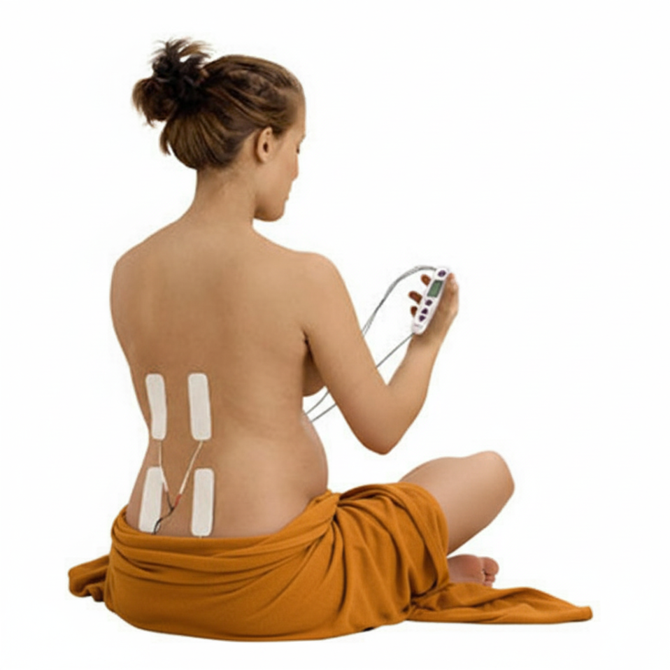 Raskaana oleva nainen istuu ilman paitaa selin kameraan. Tens laite käytössä. Selässä 4 elektrodia. Kädessä tens laite. Oranssi pyyhe alavartalolla