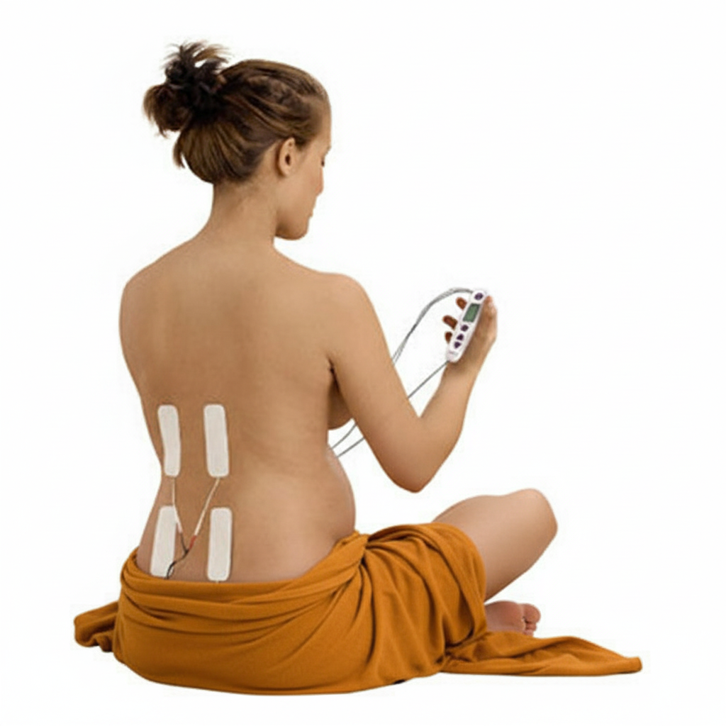 Raskaana oleva nainen istuu alasti, peitettynä oranssilla liinalla, ja käyttää TENS-laitetta selässään kivunlievittämiseen.Tens kivunlievityslaitteen vuokraus Titan Terapiassa