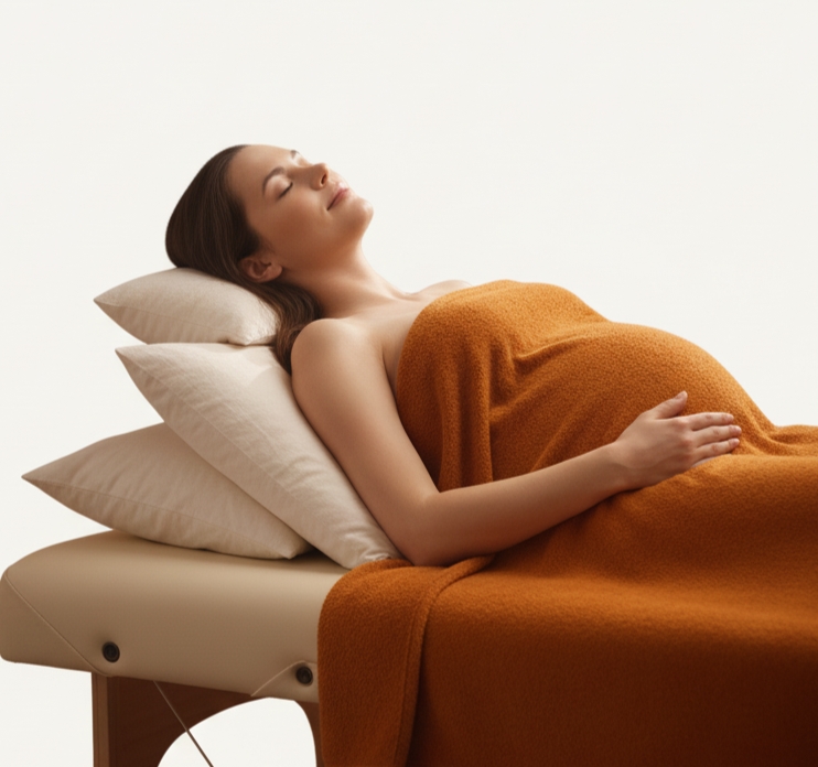 Raskaana oleva nainen rentoutumassa hierontapenkillä, peitettynä oranssilla vilttillä ja tyynyillä. Raskauden ajan vyöhyketerapia käynti