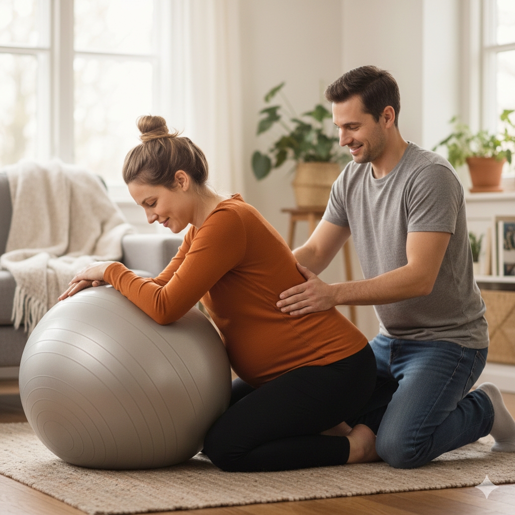 Synnytysvalmennus. Raskaana oleva istuu polvillaan laittialla jumppapalloon nojaten. Mies hieroo selkää. Takana huonekaluja ja ikkuna.