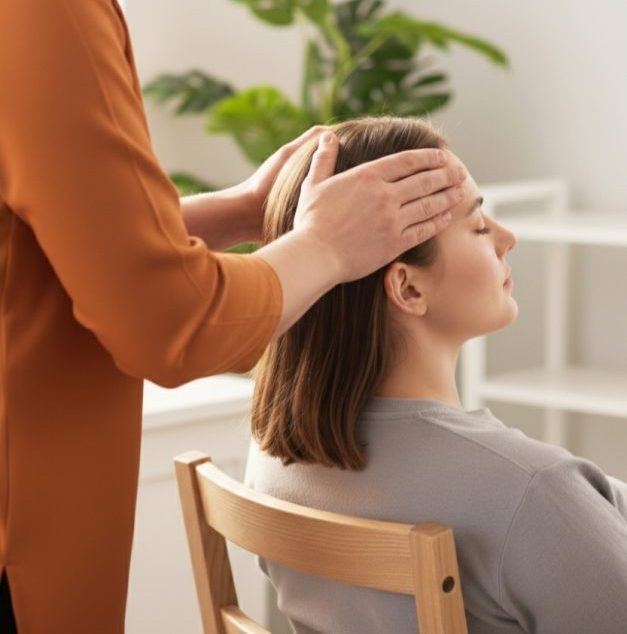 Intialainen päähieronta eli pää-hartiahierontaa tuolilla istuen. Hieroja seisoo selän takana, naisella silmät kiinni. taustalla kukka ja hylly