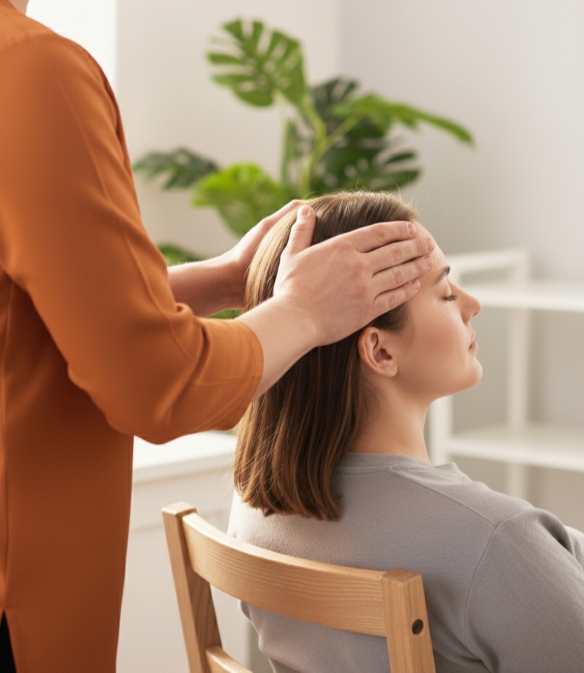 Henkilö saa intialaista päähierontaa, jossa toinen henkilö hieroo hänen päätään. Taustalla näkyy vihreitä kasveja ja minimalistinen ympäristö.