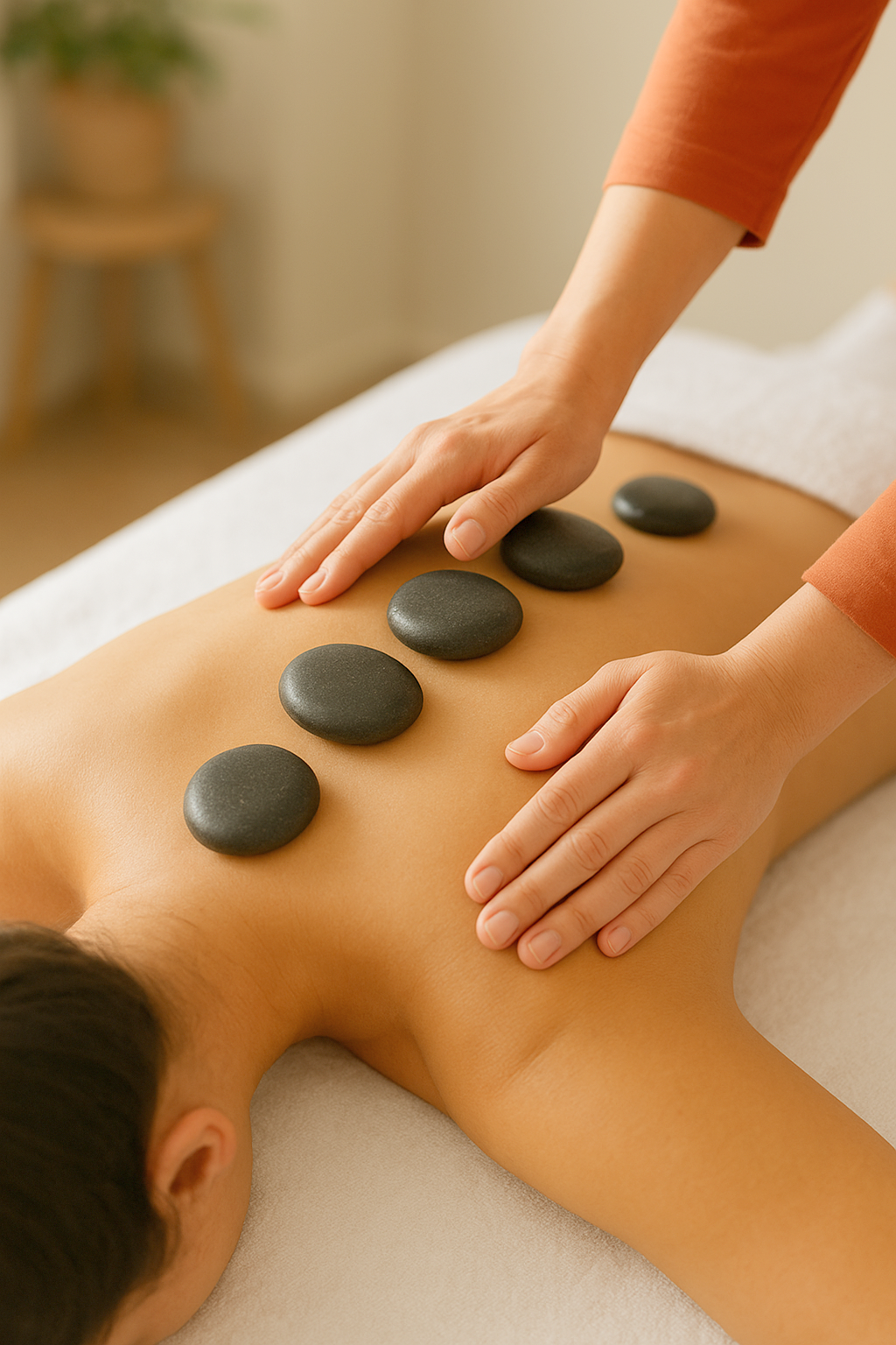 Kuumakivihieronta. Nainen makaa selin hierontapöydällä ilman vaatteita. Alavartalolla valkoinen  pyyhe. Selän päällä viisi mustaa sileää kiveä. hierojan kädet hieroo selkää .