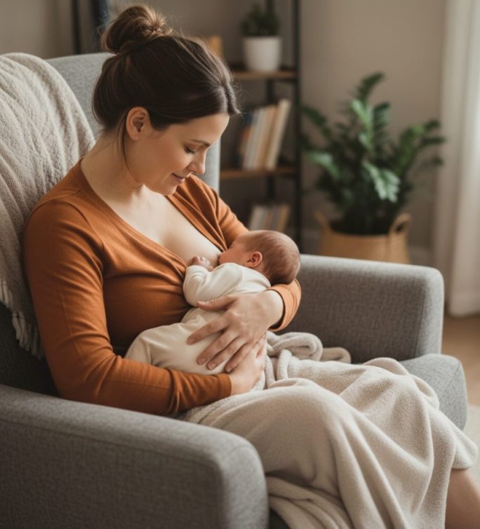 Äiti imettää tuolilla istuen olohuoneessa. Imetysohjaus Titan Terapiat