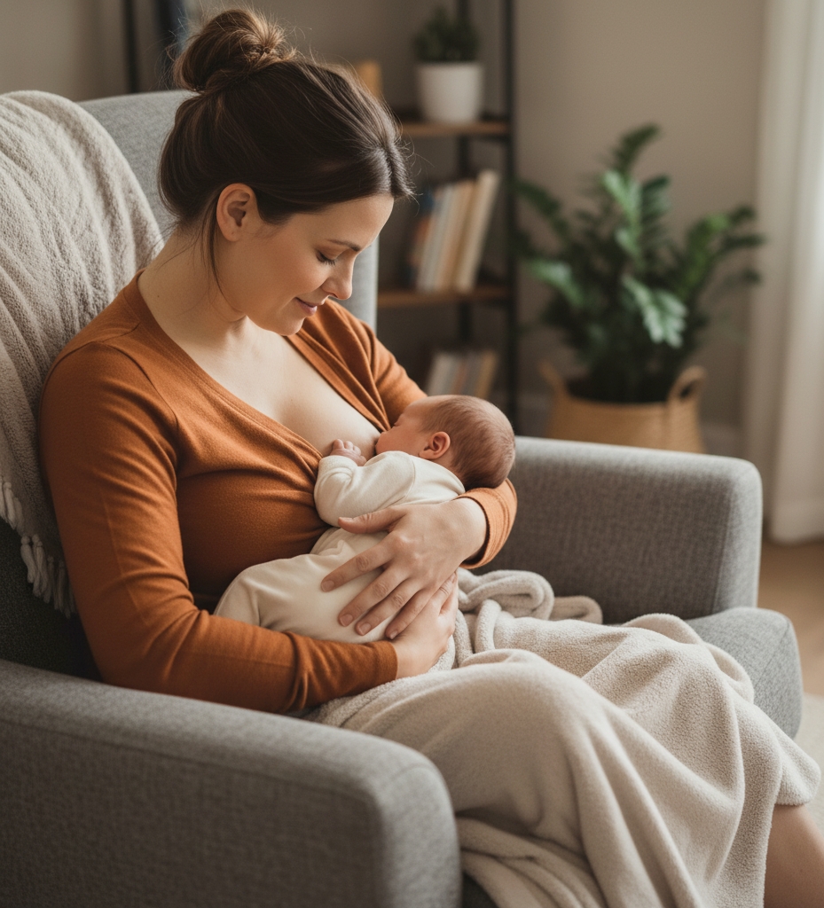 Äiti imettää vastasyntyneensä koti ympäristössä istuen imetys asennossa. Imetysohjaus Titan Terapiassa