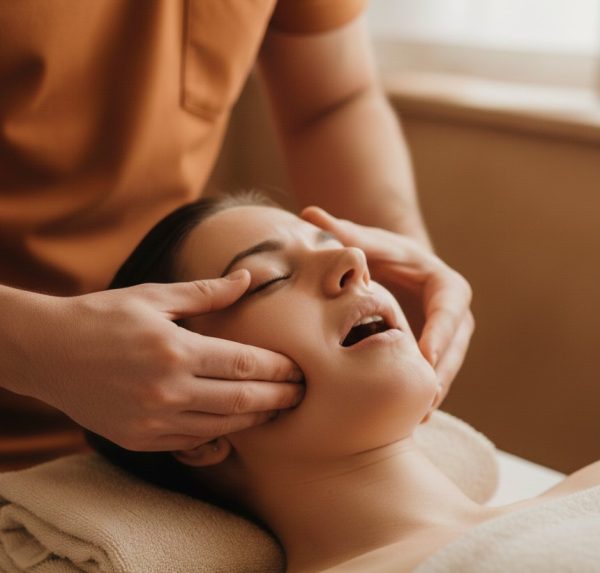 purentalihashieronta. Nainen makaa hoitopöydällä saaden purentalihashierontaa pitää suuta auki ja silmiä kiinni.