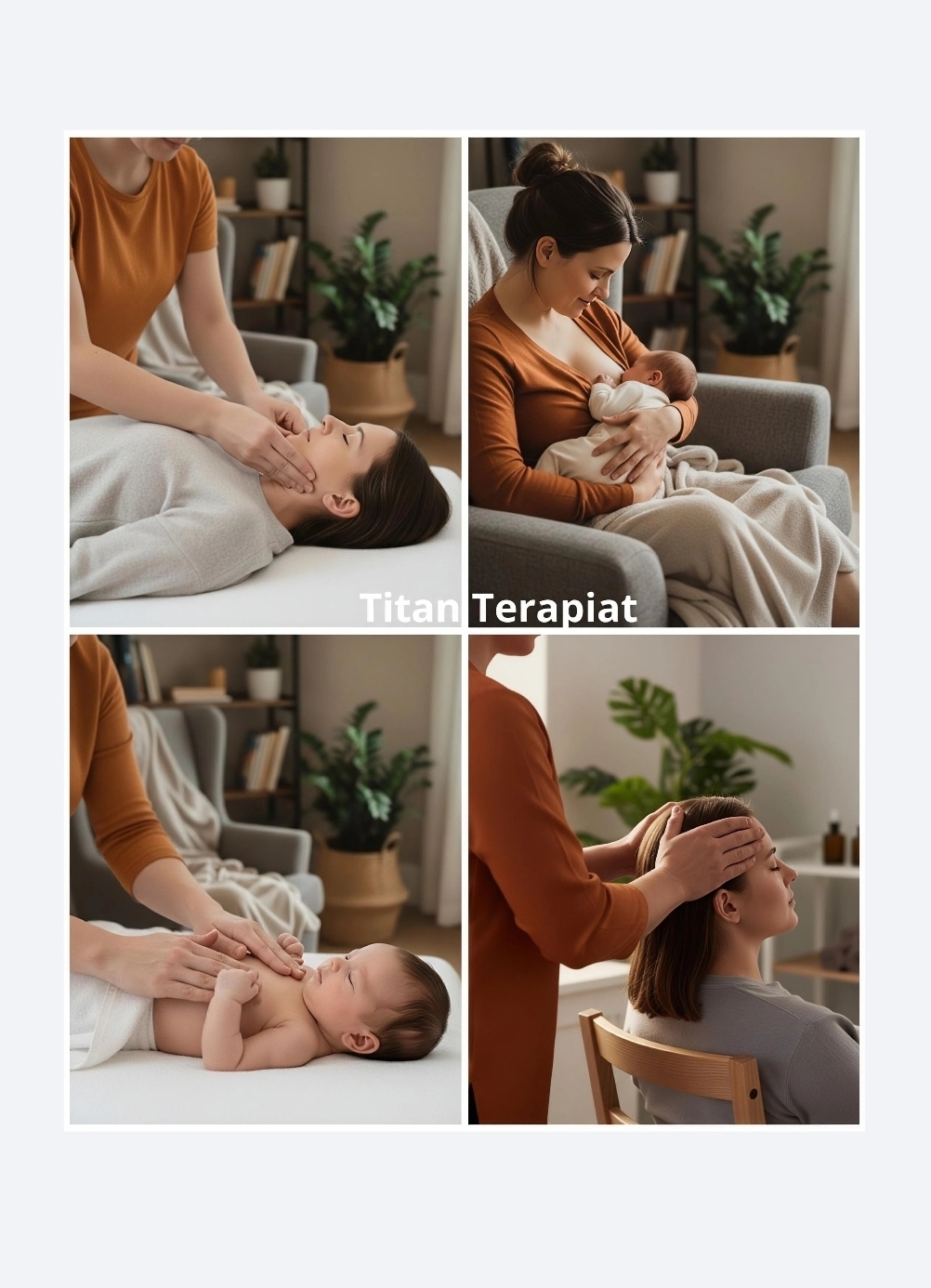 Kuvassa on neljä osaa: vasemmalla ylhäällä hieronta, oikealla ylhäällä äiti imettää vauvaansa, vasemmalla alhaalla vauvalle annetaan hoitoa ja oikealla alhaalla aikuiselle tehdään päänhierontaa.